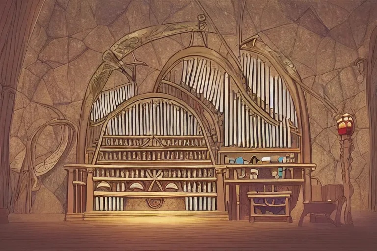 Prompt: A cell animation of a magical pipe organ made of wood, Miyazaki Hayao, ghibli style, illustration, anime, trending on artstaion