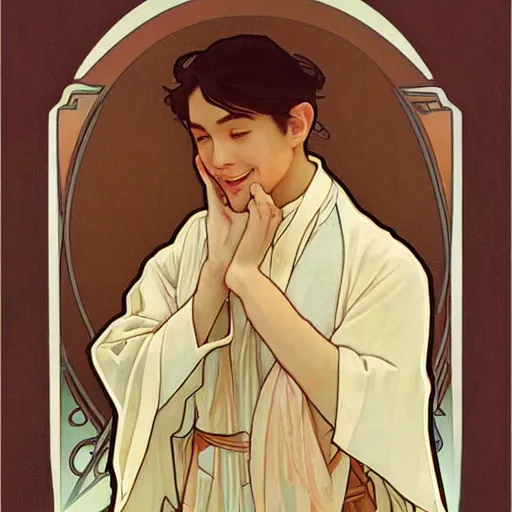 Prompt: xie lian didn't know wether to laugh or cry, smooth, elegant, boy, artgem, artstation, by alphonse mucha