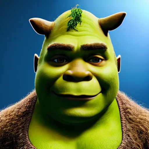 Prompt: crisp quality and light reflections, photorealistic portrait, studio lighting, still photo of shrek, bright studio setting, highly detailed, unreal engine 5 quality render