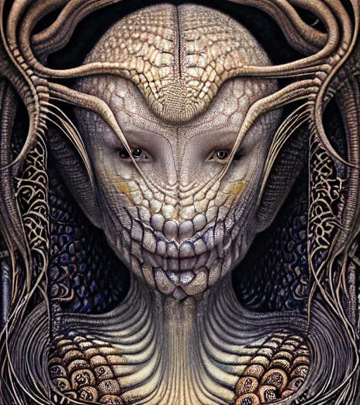 Prompt: detailed realistic beautiful reptile goddess face portrait by jean delville, gustave dore, iris van herpen and marco mazzoni, art forms of nature by ernst haeckel, art nouveau, symbolist, visionary, gothic, neo - gothic, pre - raphaelite, fractal lace, intricate alien botanicals, ai biodiversity, surreality, hyperdetailed ultrasharp octane render