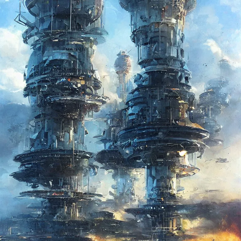 Prompt: “a giant spaceship crashing into a large futuristic water tower, sci-fi concept art, by John Harris, by John Berkey, hyper realistic painting”