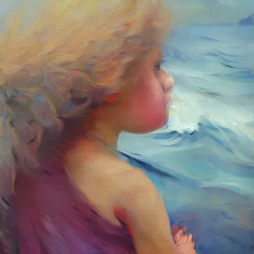 Prompt: a girl in the middle of the waves, backwards, beautiful hair, oil painting, rembrandt, sorolla, award winning painting, diffuse outline