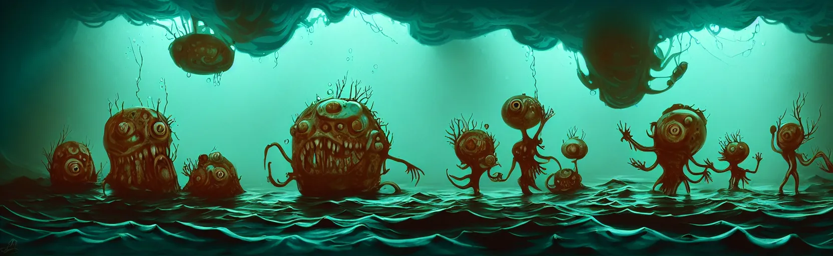 Prompt: wild whimsical watery mutants from the depths of a wasteland deep in the imaginal realm, dramatic lighting, surreal fleischer cartoon characters, shallow dof, surreal painting by ronny khalil