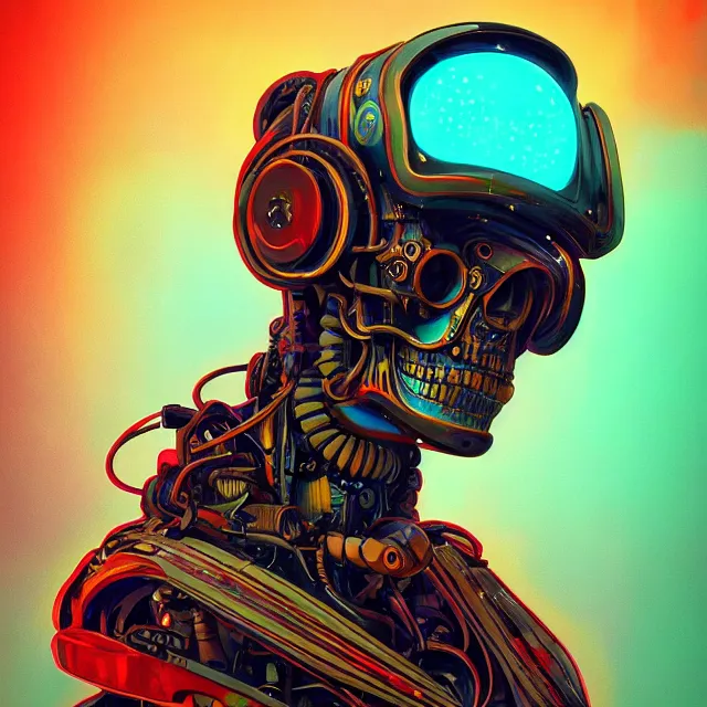 Prompt: a beautiful portrait painting of a ( ( ( cyberpunk ) ) ) robot skull by simon stalenhag and pascal blanche and alphonse mucha and nekro. in style of digital art. colorful comic, film noirs, symmetry, brush stroke, vibrating colors, hyper detailed. octane render. trending on artstation