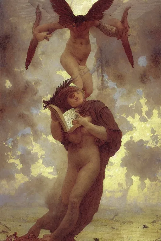 Image similar to a renaissance oil painting close shot portrait by alma tadema of a demon lucifer with large wings holding a book surrounded by lightning clouds descending upon foggy frost, colourful pastel, detailed academic bouguereau, high shadow, sharp focus