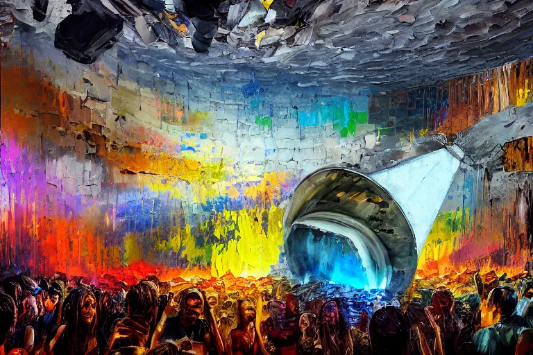 Prompt: palette knife oil painting of psychedelically lit exposed concrete walls, a crowd of clubbers, surrounding a cement fighting pit shaped like a satellite dish., extreme detail, artstation trending, artgerm, any racial background, deviant art, octane, substance, art history 8 k