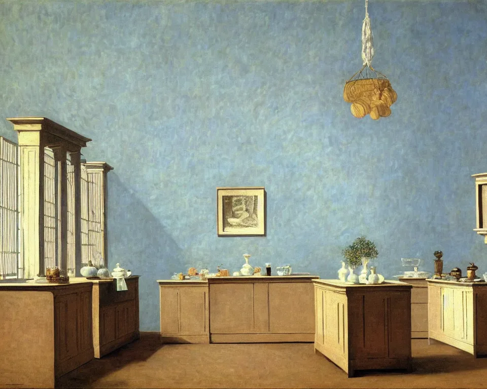 Prompt: achingly beautiful painting of a sophisticated kitchen on baby blue background by rene magritte, monet, and turner. giovanni battista piranesi.