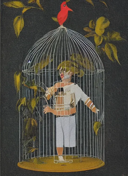 Image similar to a person with a birdcage instead of head by frank frazzetta