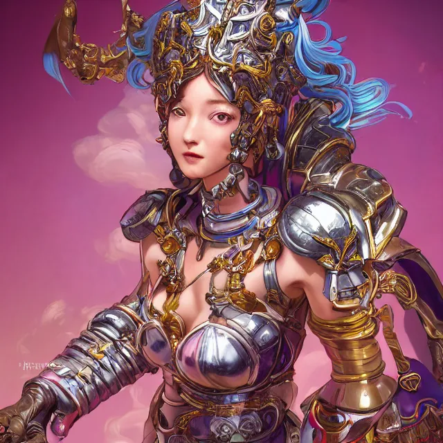 Image similar to studio portrait of lawful good colorful female divine mech paladin as absurdly beautiful, elegant, young innocent gravure idol, ultrafine hyperrealistic detailed face illustration by kim jung gi, irakli nadar, intricate linework, sharp focus, bright colors, matte, octopath traveler, final fantasy, unreal engine highly rendered, global illumination, radiant light, intricate environment