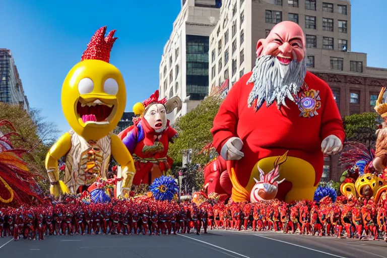 Image similar to photo of giant beautiful elaborate parade float characters designed by geoff darrow!!!! and ( ( ( ( ( ( peter jackson ) ) ) ) ) ), in the macys parade, detailed 4 k photo