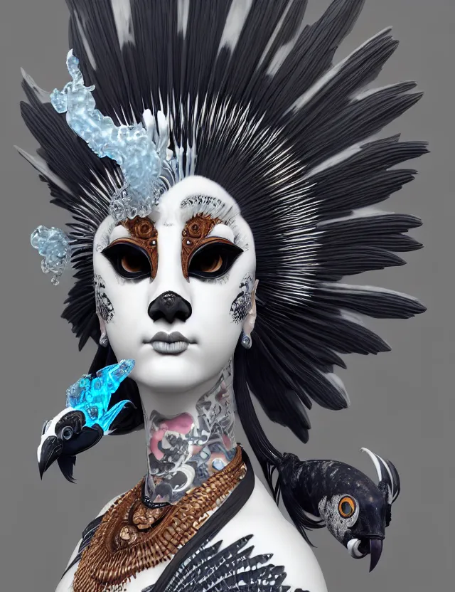 Image similar to 3 d goddess close - up profile portrait punk with mohawk with ram skull. beautiful intricately detailed japanese crow kitsune mask and clasical japanese kimono. betta fish, jellyfish phoenix, bio luminescent, plasma, ice, water, wind, creature, artwork by tooth wu and wlop and beeple and greg rutkowski