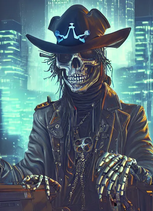 Prompt: a cyberpunk hacker pirate captain skeleton with a pirate hat sitting in front of a huge old crt monitor in a dark room, highly detailed, intricate, digital art, trending on artstation, trending on cgsociety