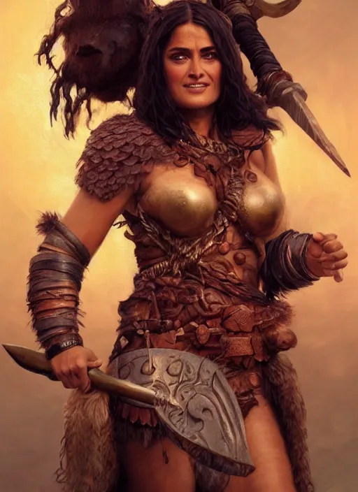 Prompt: salma hayek as a barbarian warrior, hyper detailed, digital art, trending in artstation, cinematic lighting, studio quality, smooth render, unreal engine 5 rendered, octane rendered, art style by klimt and nixeu and ian sprigger and wlop and krenz cushart.