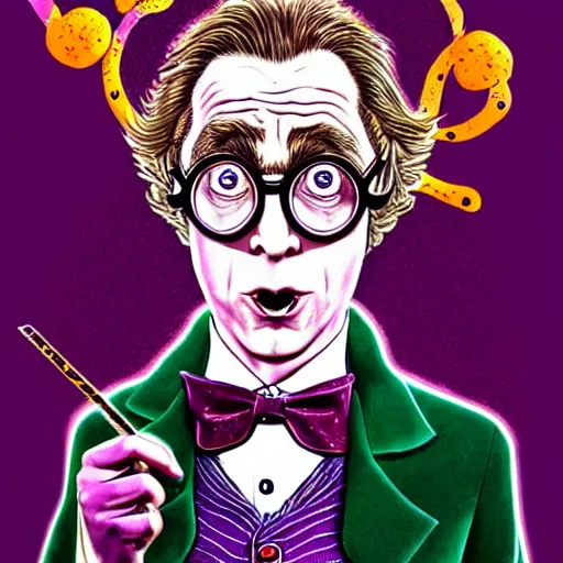 Image similar to graphic illustration, creative design, harry potter as willy wonka, biopunk, francis bacon, highly detailed, hunter s thompson, concept art