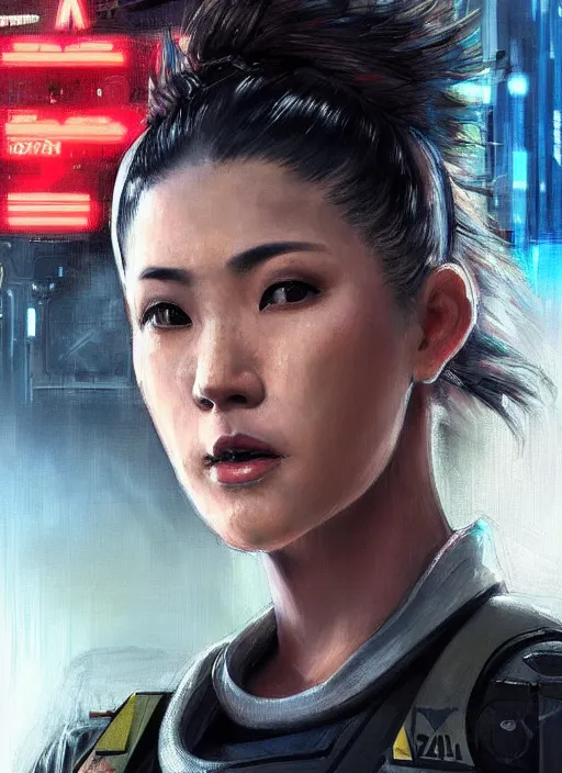 Image similar to Nikki tanaka. beautiful cyberpunk female USN marine wearing a military vest and activewear. (Cyberpunk 2077, bladerunner 2049). gorgeous face. Iranian orientalist portrait by john william waterhouse and Edwin Longsden Long and Theodore Ralli and Nasreddine Dinet, oil on canvas. Cinematic, hyper realism, realistic proportions, dramatic lighting, high detail 4k