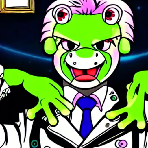 Image similar to yoshikage kira as a frog reverting time, 8 k, trippy, cosmic, time, stand