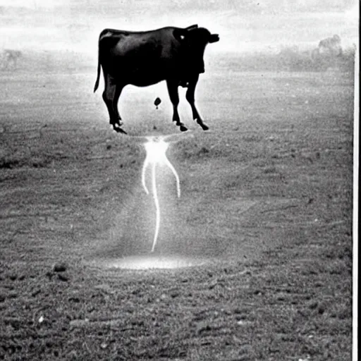 Prompt: vintage photograph from the 1 9 3 0 s of a cow being abducted by aliens shot from the ground