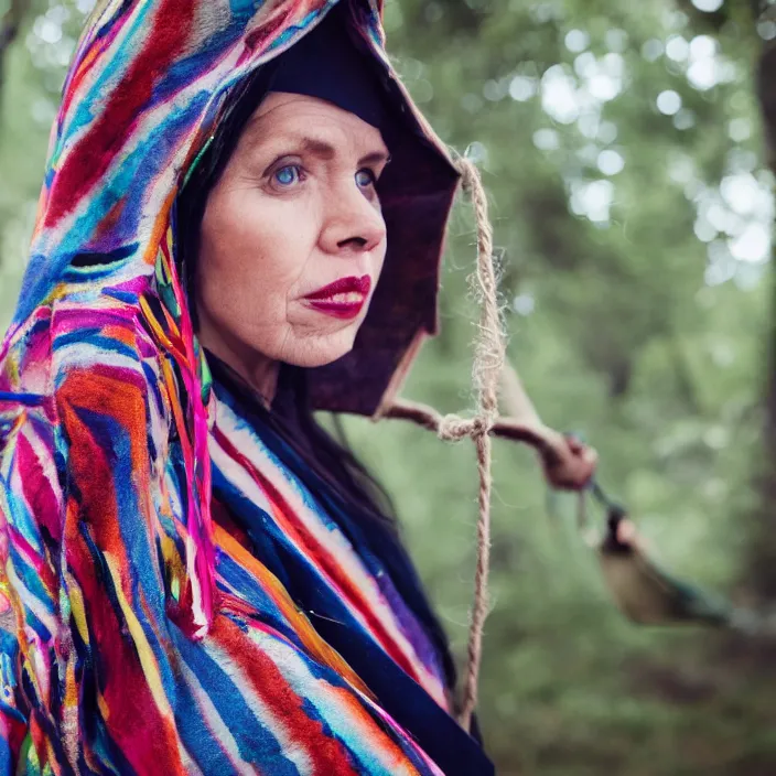 Prompt: a closeup portrait of a woman wearing a cloak made of ribbons, staring at an empty swing playground, claymation, 8 k, medium - format print