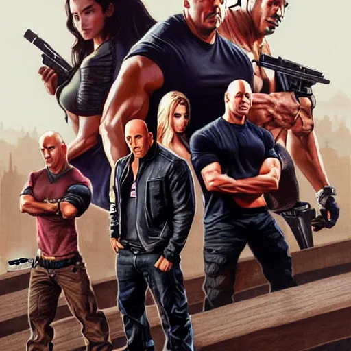 Image similar to A group photo of the Fast and Furious cast but it's all Vin Diesel, western, D&D, fantasy, intricate, elegant, highly detailed, digital painting, artstation, concept art, matte, sharp focus, illustration, art by Artgerm and Greg Rutkowski and Alphonse Mucha