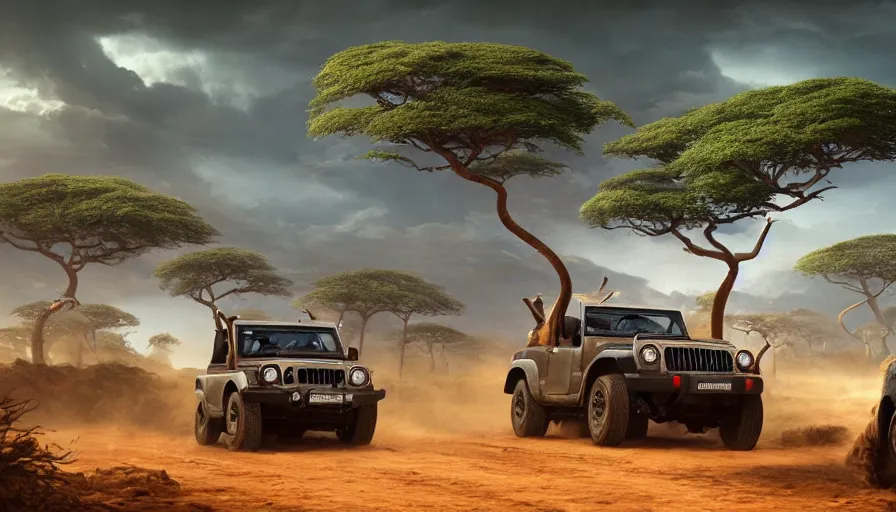 Image similar to mahindra thar driving through madagascar road with baobabs trees, animals running along, tribe members attacking, action scene, an epic fantasy, wide shot, trending on artstation, masterpiece, by greg rutkowski, by ross tran, by fenghua zhong, octane, soft render, ultrarealistic, colorful, cinematic, horizon forbidden west