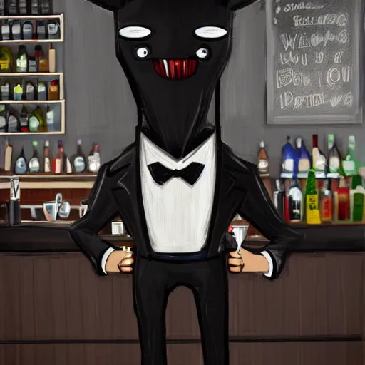 Image similar to Wendigo in a tuxedo suit as a barista in a bar, digital art, illustration, oil on canvas, trending on Artstation