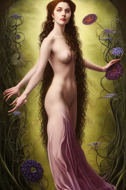 Image similar to portrait of a young attractive nerdy woman in flowing sensual dress, arrogant, long fine flowing hair, delicate, looking at camera, slightly awkward smile, realistic face, realistic hands, stylish, elegant, grimdark fantasy, flowers, extremely detailed painting inspired by Gerald Brom and Ernst Haeckel and Sandro Botticelli , studio lighting