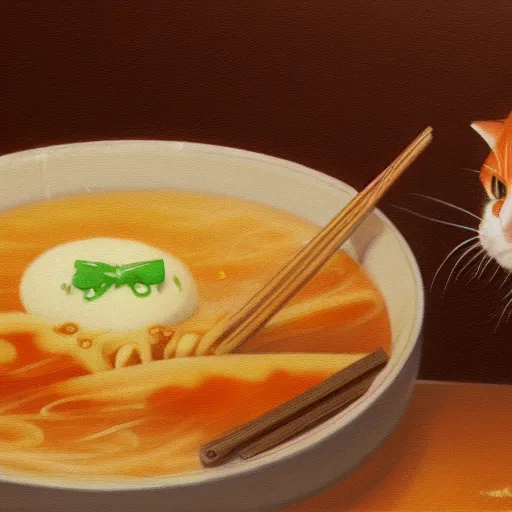 Image similar to Fat, cute orange cat in a suit eating ramen, busy restaurant, close up, ukyio-e, painting by Koson Ohara, details, 4K, 8K