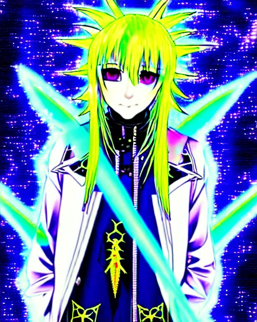 Image similar to a hologram of rimuru tempest with golden yellow eyes and sky blue hair, wearing a gothic spiked jacket, holography, irridescent, baroque visual kei decora art