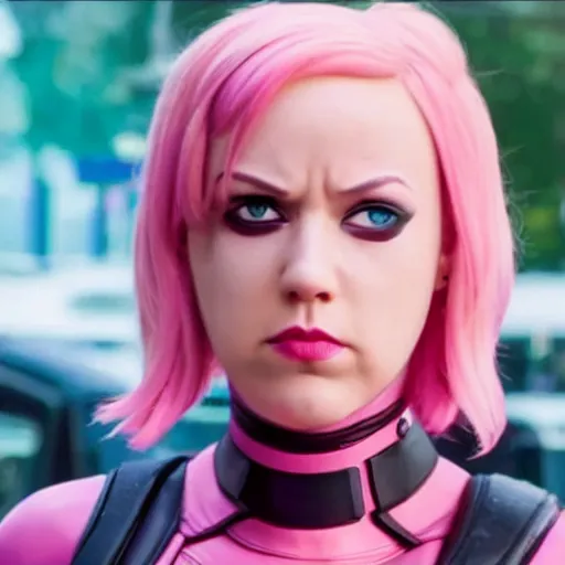 Image similar to A still of Gwenpool in Deadpool 3 (2023), no mask, blonde hair with pink highlights