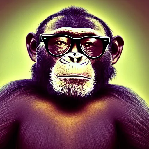 Prompt: high quality 8 k landscape photo of a smiling and arrogantly wise looking retro chimpanzee wearing cool dark sunglasses, highly detailed, cinematic composition, cinematic lighting, 1 9 8 0 s retro hippie vintage hipster art