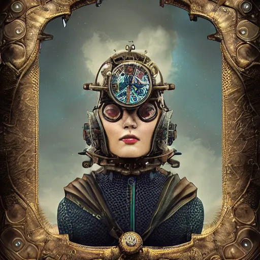 Prompt: dan mumford tom bagshaw, dream world curiosities carnival flying, photorealistic octane render of a single very beautiful helmet full long steampunk metallic armored ornate female, partial symmetry accurate features, focus, very intricate ultrafine details, award winning masterpiece, steampunk world