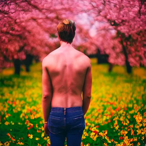 Prompt: kodak portra 4 0 0 photograph of a skinny blonde guy standing in a field of red and yellow cherry blossom trees, flower crown, back view, moody lighting, telephoto, 9 0 s vibe, blurry background, vaporwave colors!, faded!,