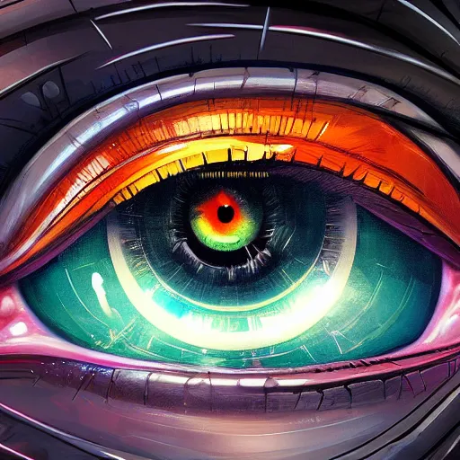 Image similar to Cybernetic Eye with intricate reflections, colorful, fantasy, vivid colors, concept art, sharp focus, digital art, Hyper-realistic, 4K, Unreal Engine, Highly Detailed, HD, Dramatic Lighting by Brom, trending on Artstation