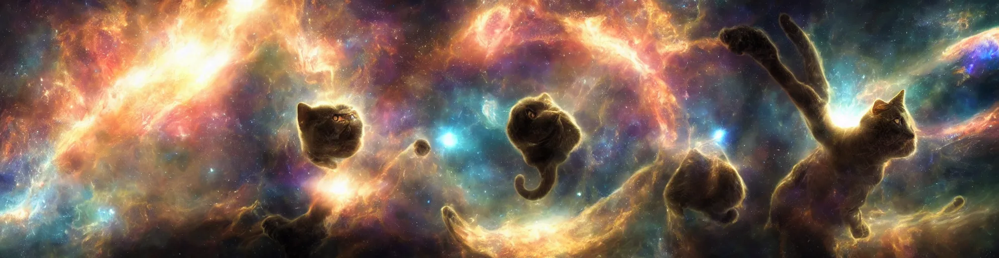 Image similar to energy cats in space, nebula in background, by lovecraft, details face, detailed body, realistic body proportions, unreal engine, by popular digital artist, digital, artstation, detailed body, heavenly atmosphere, digital art, overdetailed art, trending on artstation, cgstudio, the most beautiful image ever created, dramatic, award winning artwork, beautiful scenery