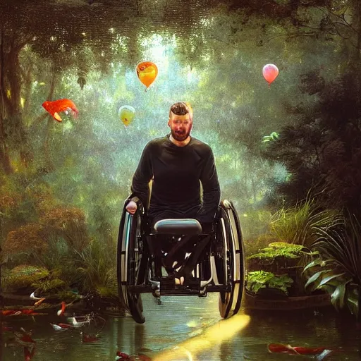 Image similar to handsome portrait of a wheelchair guy fitness posing, radiant light, caustics, war hero, smooth, one legged amputee, reflective koi pond, party balloons, white orchids, mushrooms, lush garden surroundings, by gaston bussiere, bayard wu, greg rutkowski, giger, maxim verehin