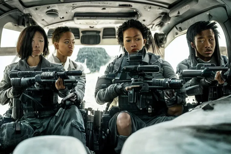 Image similar to movie diverse interracial team of Japanese robbers armed with rifles interior clean futuristic tactical van, beautiful skin, Symmetrical faces. natural lighting by Emmanuel Lubezki