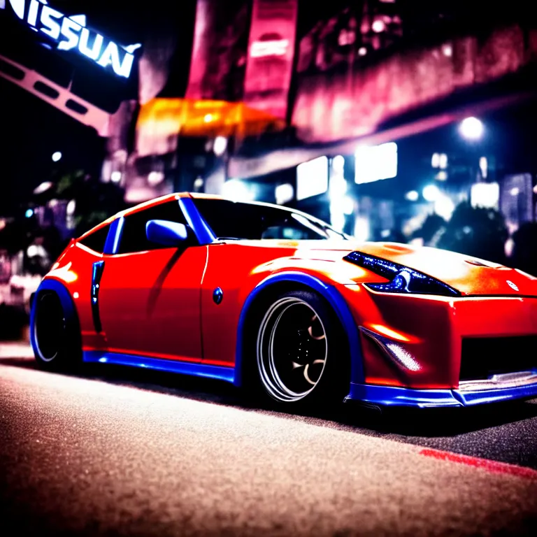 Image similar to close-up-photo Nissan Z32 turbo illegal roadside night meet, work-wheels, Shibuya Shibuya, cinematic colors, photorealistic, highly detailed, night photography