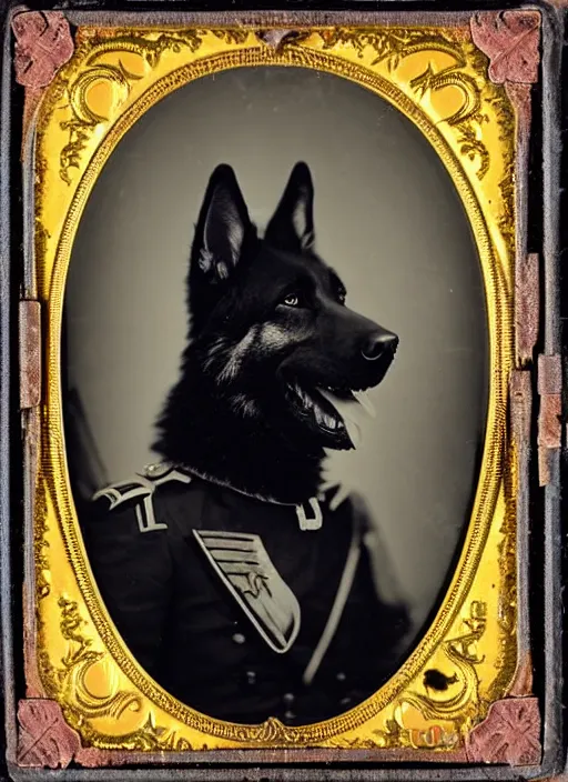 Image similar to professional studio photo portrait of anthro anthropomorphic german shepard head animal person fursona smug smiling wearing elaborate military general uniform clothes degraded medium by Louis Daguerre daguerreotype tintype