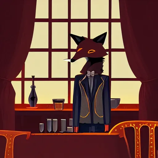 Image similar to humanoid fox detective in an evil restaurant. dark, gothic, moonlight through window. fine art, masterpiece digital painting, 4 k