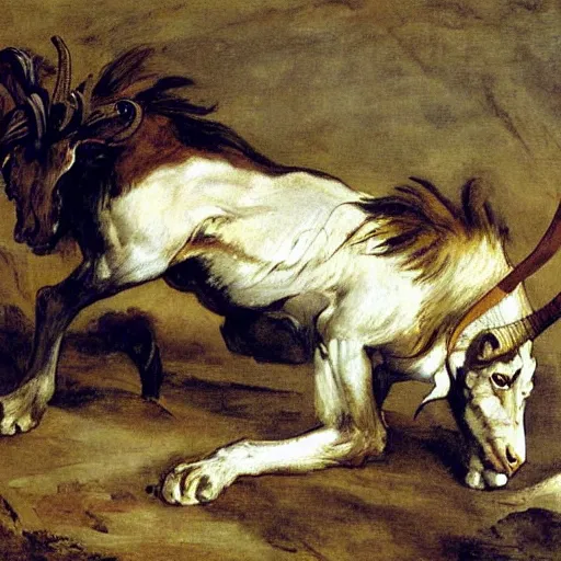 Prompt: half goat, half lion, painting by Eugene Delacroix, highly detailed