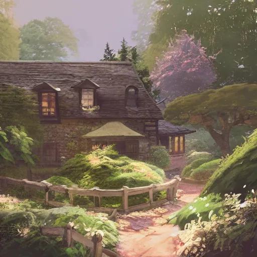 Image similar to concept art painting of an english cottage with japanese influence, in the woods, cozy, realistic, detailed, cel shaded, in the style of makoto shinkai and greg rutkowski and james gurney