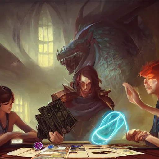 Prompt: four players competing at a magic the gathering card game competition, magnificent, close up, details, sharp focus, elegant, highly detailed, illustration, by Jordan Grimmer and greg rutkowski and PiNe and Imoko and wlop and maya takamura, intricate, beautiful, Trending artstation, pixiv, digital Art.