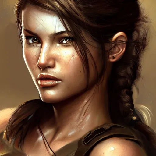 Prompt: beautiful lara croft, face portrait digital art by mingchen shen on artstation