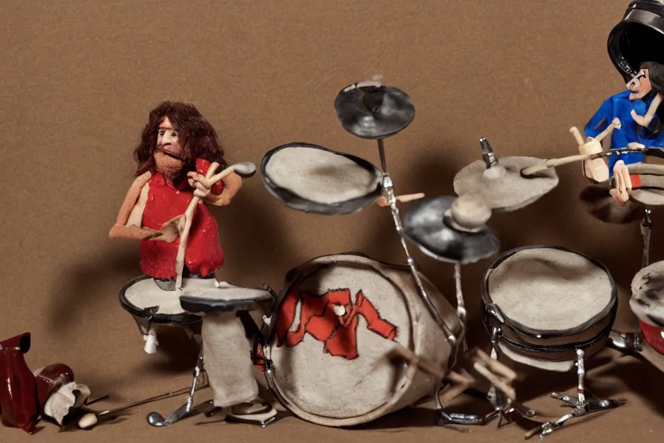 Image similar to a claymation film still of a curly long hair drummer playing the drum set. claymation by bruce bickford