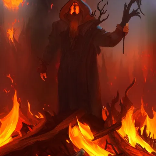 Prompt: male witch stands on a fire burning pyre, surrounded by flames, artstation