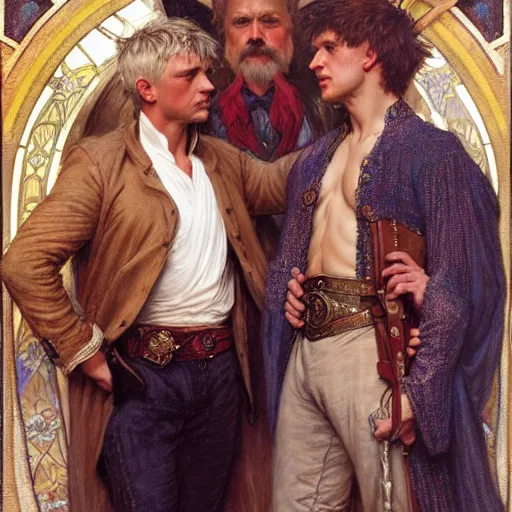 Prompt: manly arthur pendragon and manly merlin. focus on their faces. highly detailed painting by gaston bussiere, j. c. leyendecker, alphonse mucha, greg rutkowski, 8 k