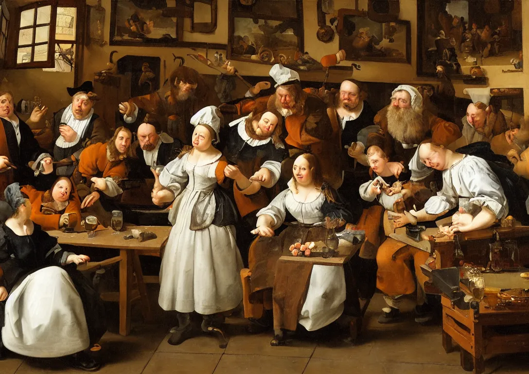 Image similar to Jan Steen. One Beautiful woman big in the center looking at us. Pig, dog, duck, window. Netherlands tavern, low ceiling, small chamber. Hyperrealistic, ultra detailed, 80mm, museum, artwork. Empty. Daylight.