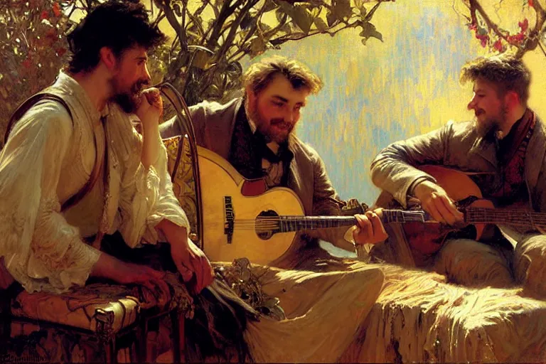 Image similar to 2 attractive men playing music, painting by gaston bussiere, craig mullins, greg rutkowski, alphonse mucha