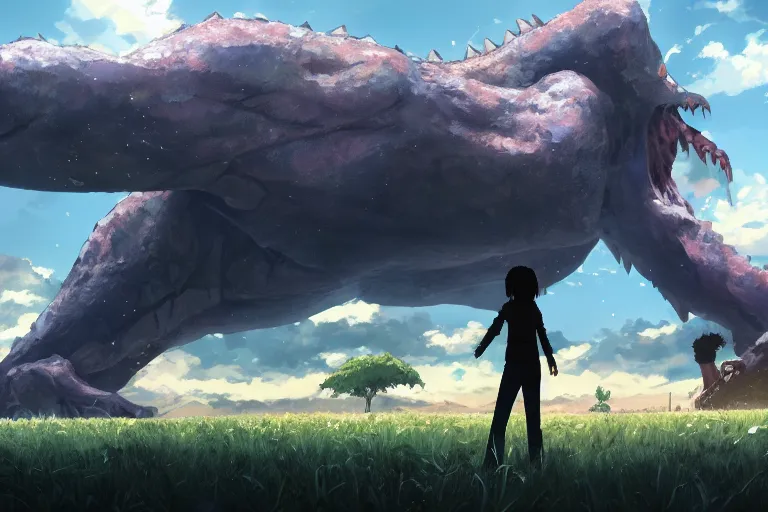 Image similar to giant monster eating everybody, highly detailed, 4k resolution, lighting, anime scenery by Makoto shinkai