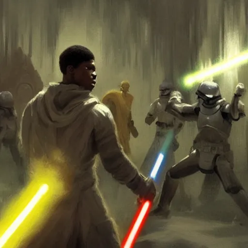 Image similar to scifi art by greg rutkowski, ben skywalker and a jedi that looks like john boyega sparring with lightsabers at a jedi temple, star wars expanded universe, he is about 3 0 years old, highly detailed portrait, digital painting, artstation, concept art, smooth, sharp foccus ilustration, artstation hq